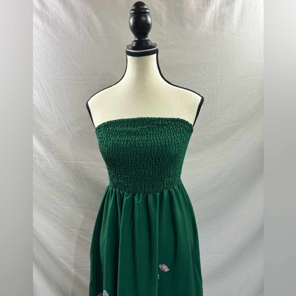 LAST ONE 🔥 Floral Print Strapless Shirred A-Line Dress Green - Picture 6 of 8